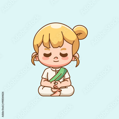 Cute girl meditation yoga kawaii chibi character mascot illustration outline style design