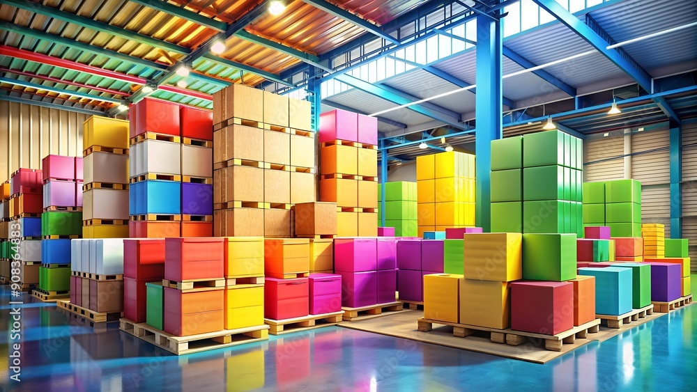 A symphony of boxes: A warehouse scene showcasing the vibrant colors of packages. generative AI A symphony of boxes: A warehouse scene showcasing the vibrant colors of packages. generative AI