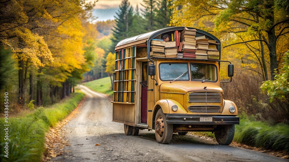Obraz premium Vintage School Bus and Stacked Books on a Rustic Road AI generated