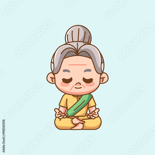 Cute grandma meditation yoga kawaii chibi character mascot illustration outline style design