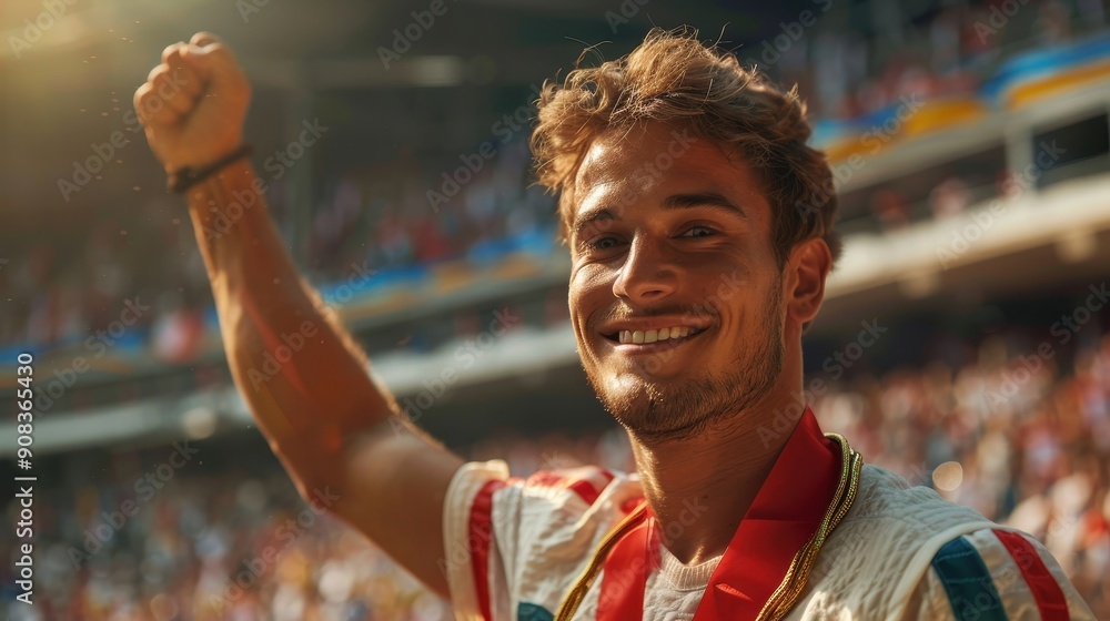 Champion Male Athlete Smiling Brightly with Arms Raised High in Joyful Victory Celebration Champion Male Athlete Smiling Brightly with Arms Raised High in Joyful Victory Celebration
