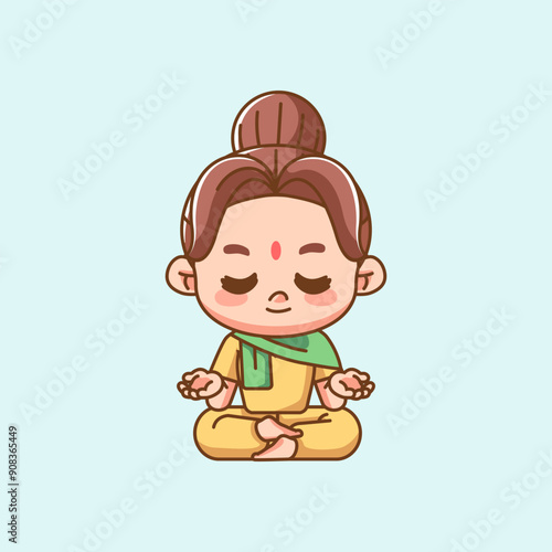 Cute india woman meditation yoga kawaii chibi character mascot illustration outline style design