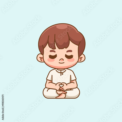 Cute man meditation yoga kawaii chibi character mascot illustration outline style design