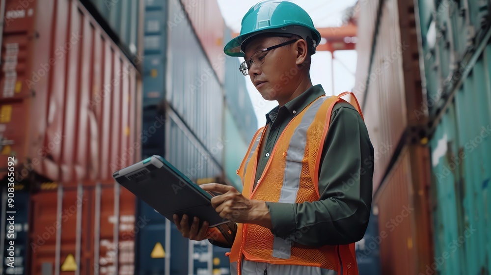 A worker in a hard hat and safety vest uses a tablet at a shipping container yard. A worker in a hard hat and safety vest uses a tablet at a shipping container yard.