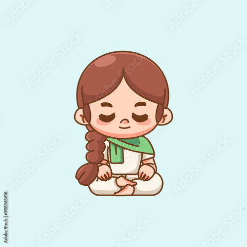 Cute woman meditation yoga kawaii chibi character mascot illustration outline style design