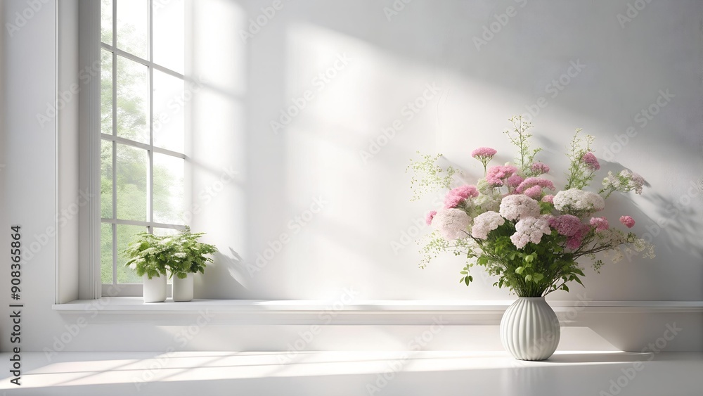 Serene White Wall with Soft Shadow of Window and Blooming Flowers Generative AI Serene White Wall with Soft Shadow of Window and Blooming Flowers Generative AI