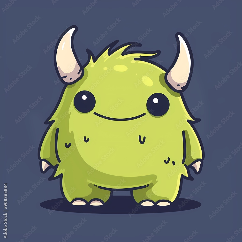 Fototapeta premium Cute green cartoon monster with horns and a friendly face.
