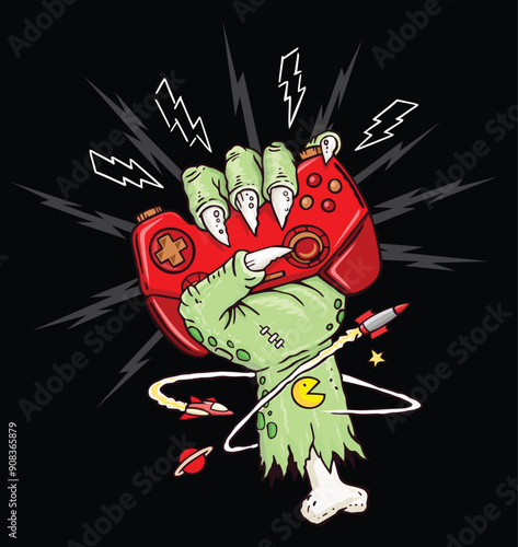 Illustration of a zombie hand holding a video game controller. Cartoon style art.