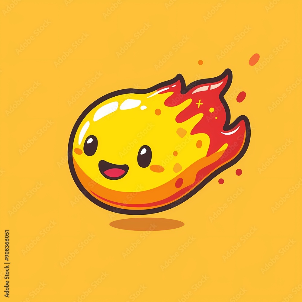 Cute animated fireball character with a joyful expression on a vibrant yellow background. Cute animated fireball character with a joyful expression on a vibrant yellow background.