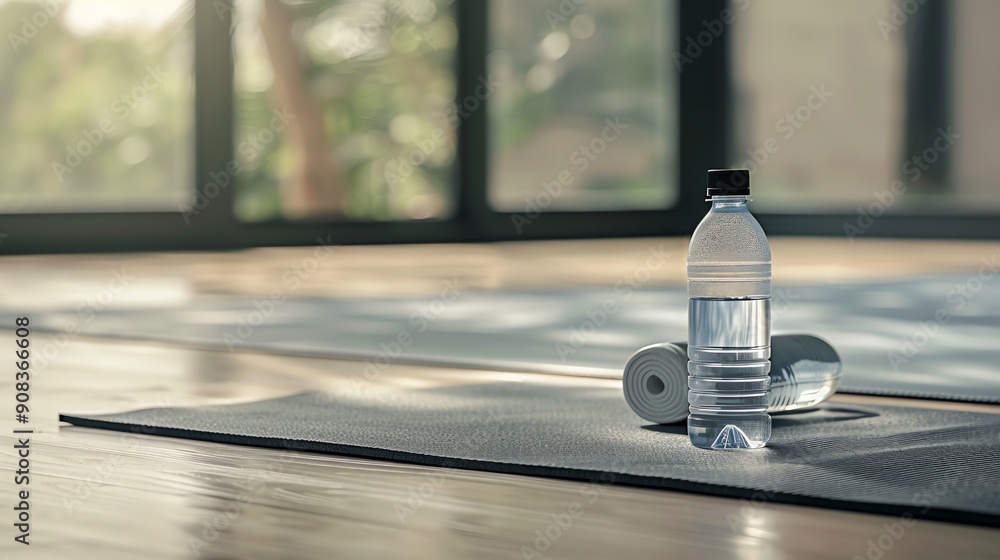 A water bottle and a yoga mat on a wooden floor. A water bottle and a yoga mat on a wooden floor.