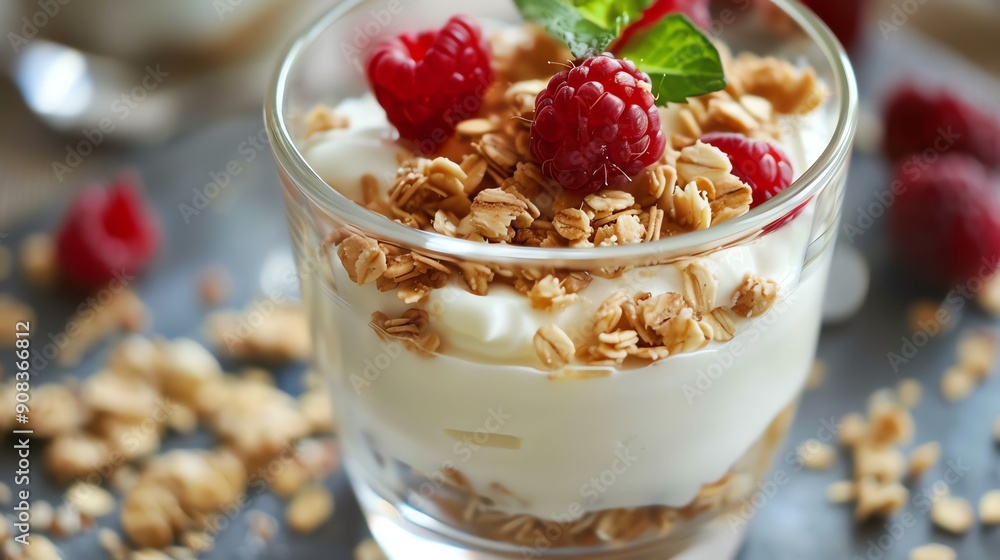 A glass parfait with yogurt, granola, and raspberries. A glass parfait with yogurt, granola, and raspberries.