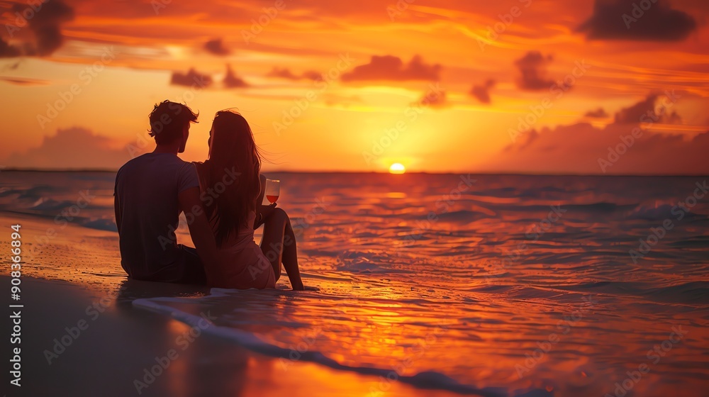 A couple is sitting on a beach at sunset, enjoying a drink. A couple is sitting on a beach at sunset, enjoying a drink.