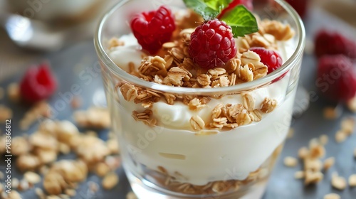 A glass parfait with yogurt, granola, and raspberries.