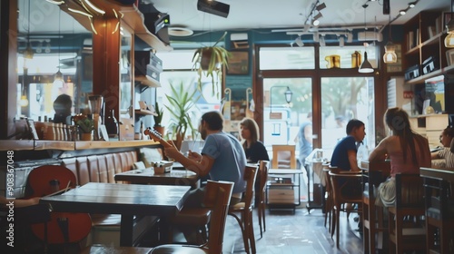 People sit at tables in a cafe, one man plays an electric guitar.
