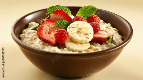 A bowl of oatmeal topped with fresh fruit.