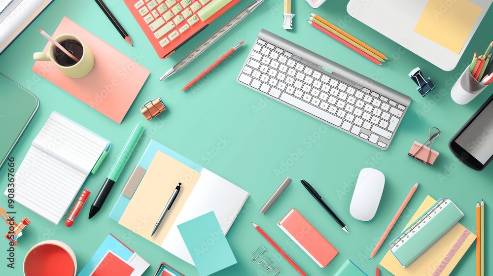 A flat lay of various office supplies on a teal desk. A flat lay of various office supplies on a teal desk.