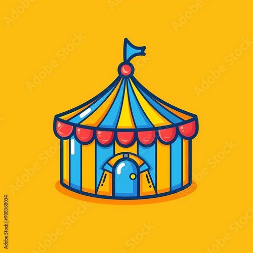 Colorful circus tent illustration on a bright yellow background.