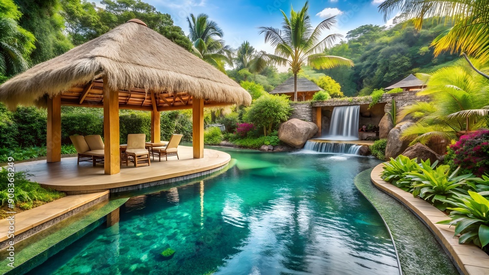 Serene Oasis: A Tropical Cabana with Cascading Waterfalls Generative AI Serene Oasis: A Tropical Cabana with Cascading Waterfalls Generative AI