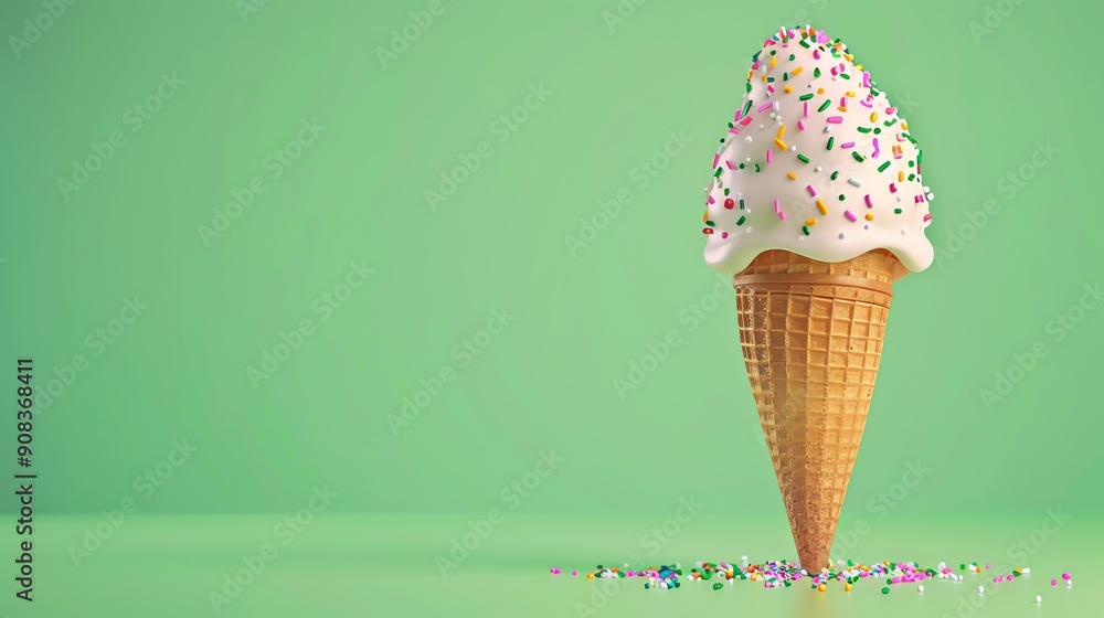 A melting ice cream cone with sprinkles on a green background.