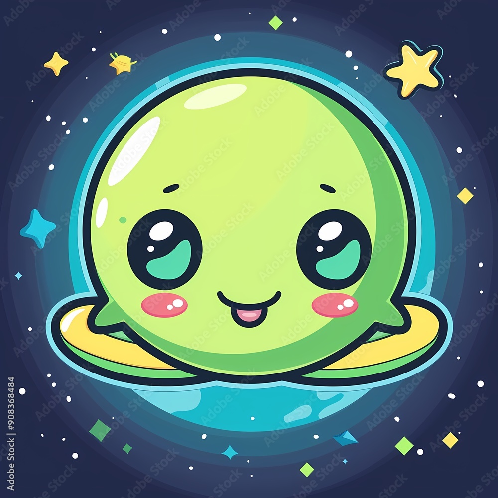 Naklejka premium Cute green alien character floating in space with stars and a colorful background.