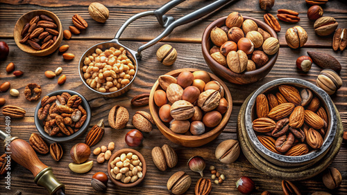 Assortment of nuts including walnuts, almonds, and pecans scattered on a wooden table surrounded by traditional metal nutcrackers in various shapes and sizes.