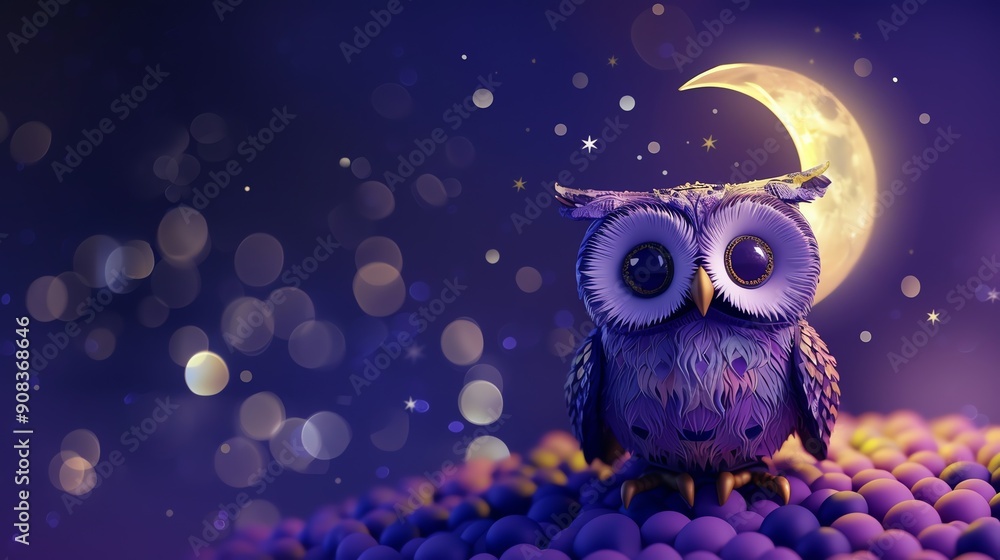 Obraz premium A purple owl with big eyes sits in a magical night scene with a crescent moon and stars.