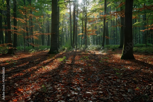 Sunlight filtering through leaves in a tranquil forest.