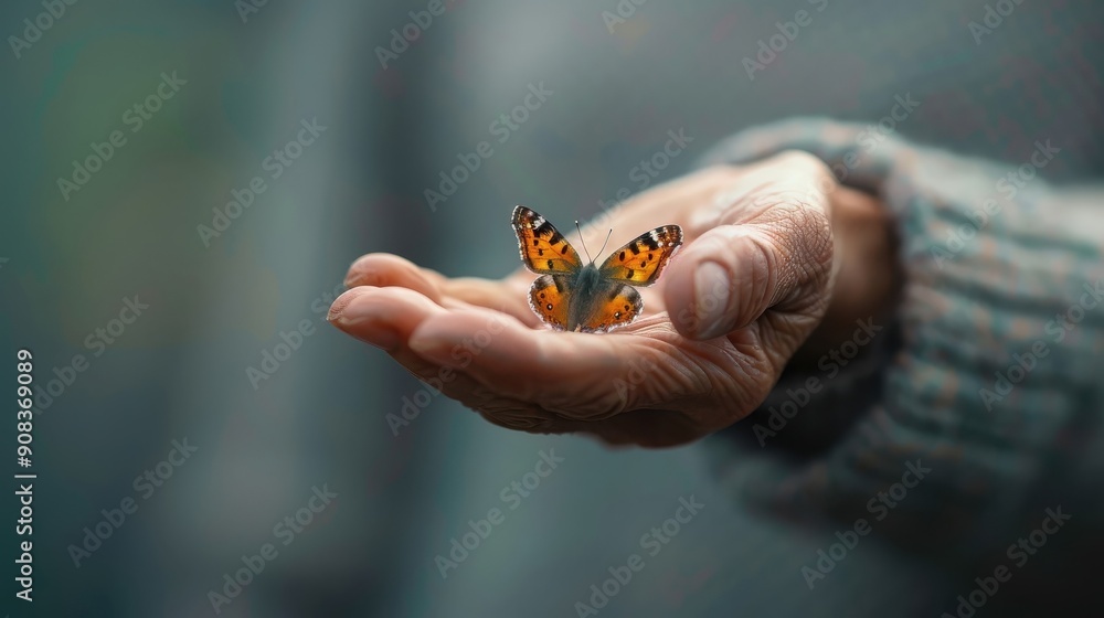 Fototapeta premium A scarred hand cradles a butterfly, symbolizing hope and resilience.