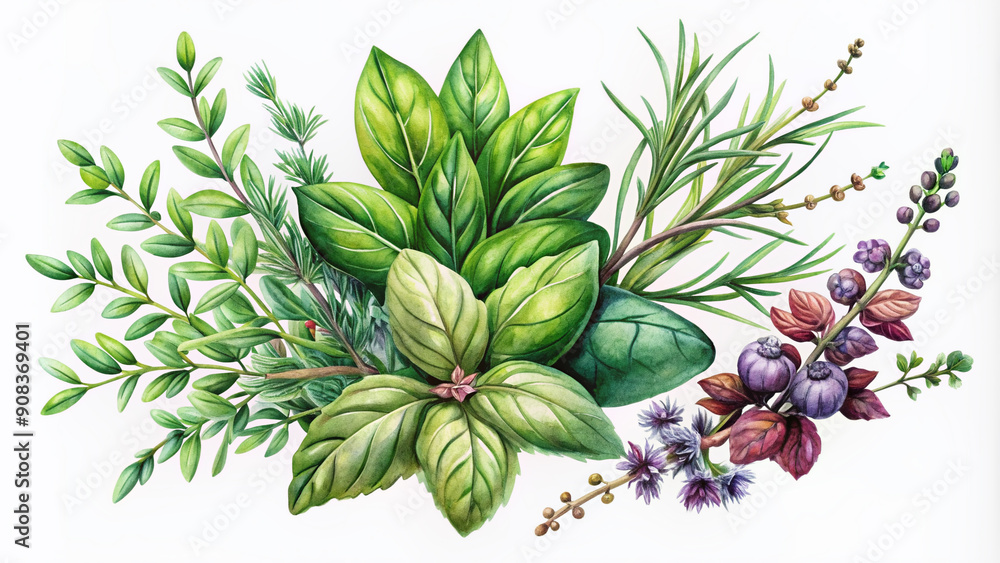 Fototapeta premium Watercolor illustration of various herbs including basil, rosemary, and thyme, surrounded by subtle floral patterns and delicate leaves on a white background.