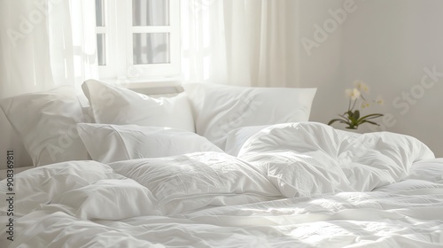 A pristine white bed with fluffy pillows in a minimalist bedroom.