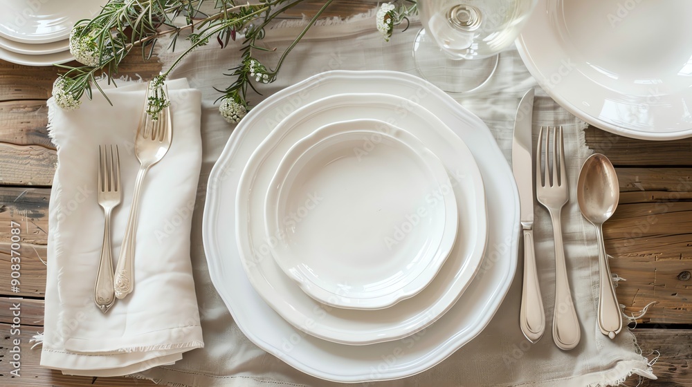 A rustic table setting with white dishes, silverware, and a linen napkin. A rustic table setting with white dishes, silverware, and a linen napkin.