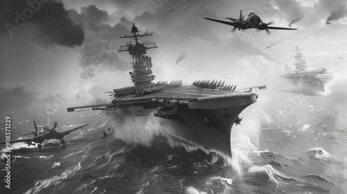 Aircraft carrier in action with fighter jets