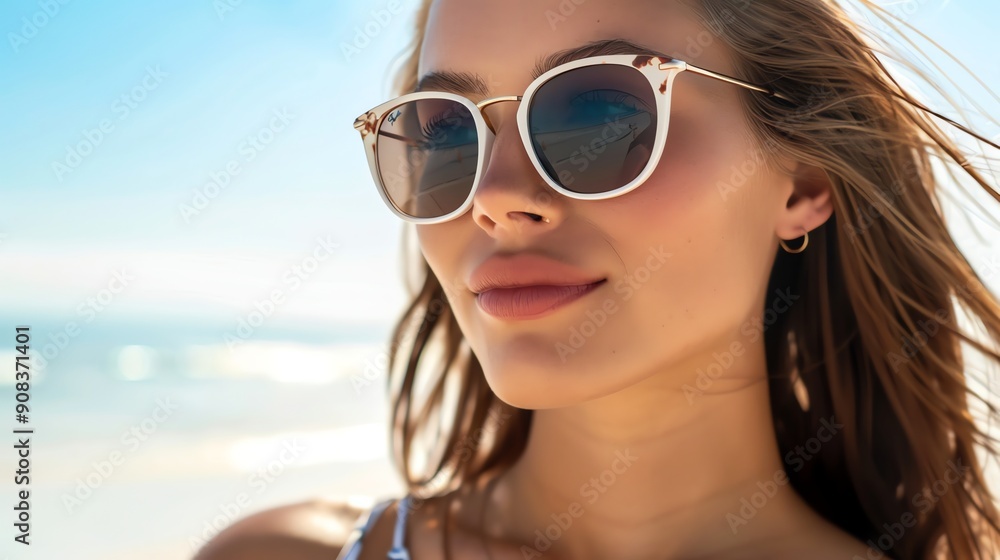 Woman with long hair smiling while wearing white sunglasses and looking into the distance. Woman with long hair smiling while wearing white sunglasses and looking into the distance.