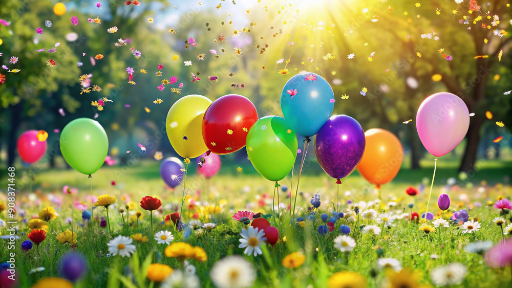 Colorful balloons and confetti scattered on bright green grass, surrounded by blooming flowers, evoking a sense of joy and celebration on a sunny day. Colorful balloons and confetti scattered on bright green grass, surrounded by blooming flowers, evoking a sense of joy and celebration on a sunny day.