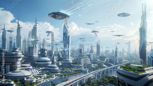 A futuristic city with flying cars.