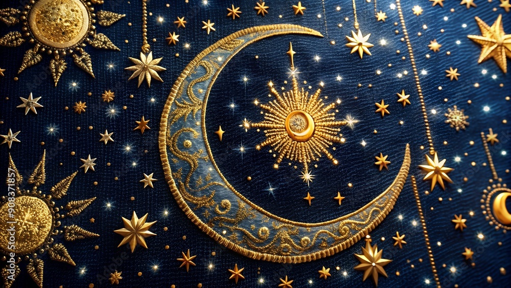 Celestial Tapestry: A Golden Crescent Moon Embroidered on a Starry Night AI Generated Celestial Tapestry: A Golden Crescent Moon Embroidered on a Starry Night AI Generated