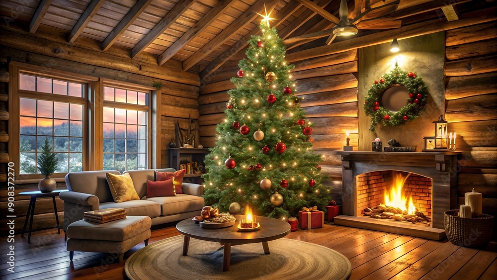A Festive Forest: A Towering Christmas Tree in a Cozy Cabin generative AI A Festive Forest: A Towering Christmas Tree in a Cozy Cabin generative AI