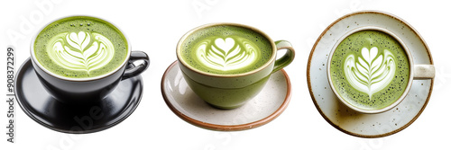 cup of green matcha latte on a transparent background