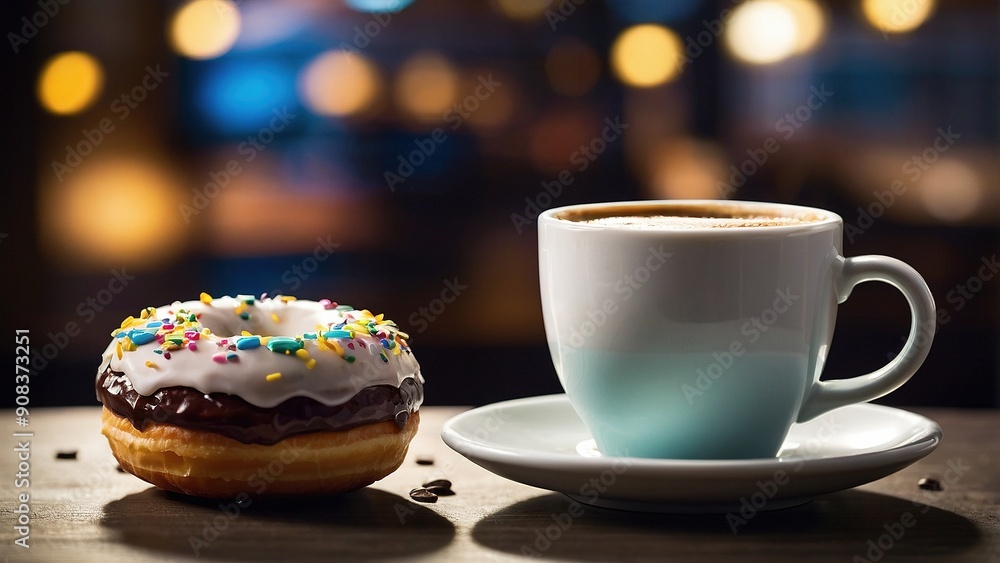 Delicious Chocolate Donut With Sprinkles and Coffee Cup on Table at Evening Cafe Delicious Chocolate Donut With Sprinkles and Coffee Cup on Table at Evening Cafe