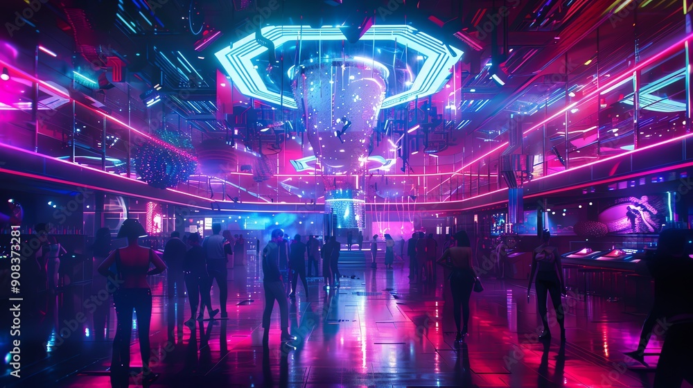 Obraz premium A futuristic nightclub with neon lights and people dancing.