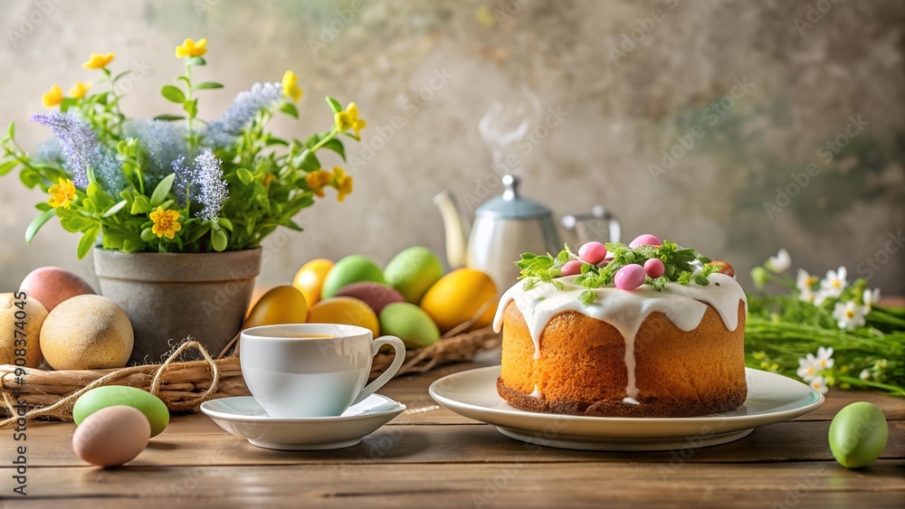 A Festive Easter Table Setting with a Delicate Easter Cake and Fresh Eggs AI Generated A Festive Easter Table Setting with a Delicate Easter Cake and Fresh Eggs AI Generated