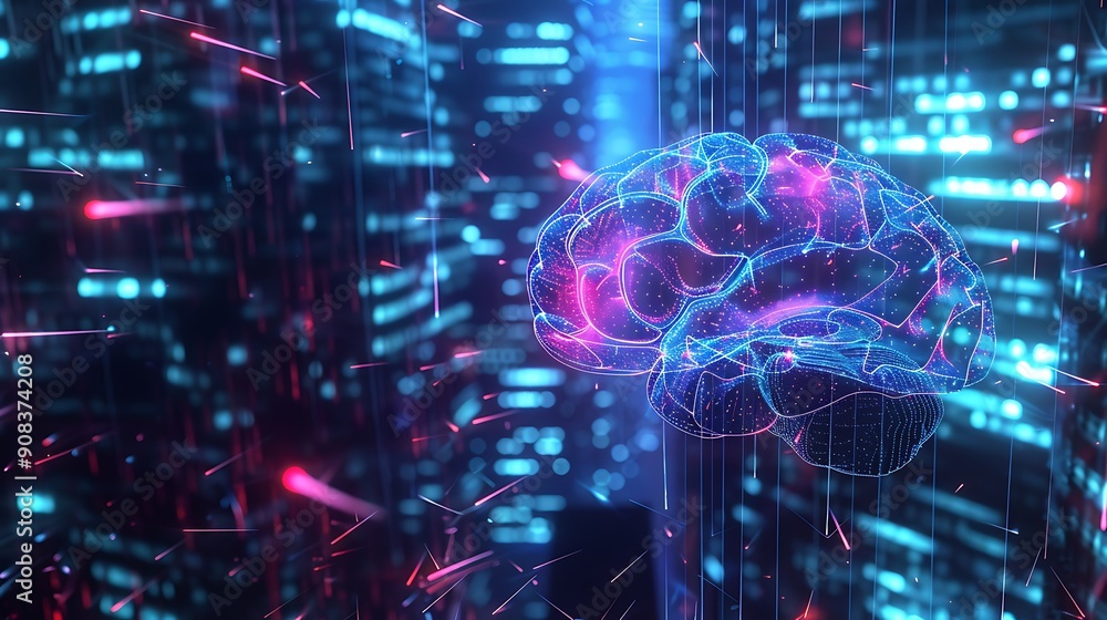 Abstract Brain in Cyberspace with Neon Lines and Glowing Dots. Abstract Brain in Cyberspace with Neon Lines and Glowing Dots.