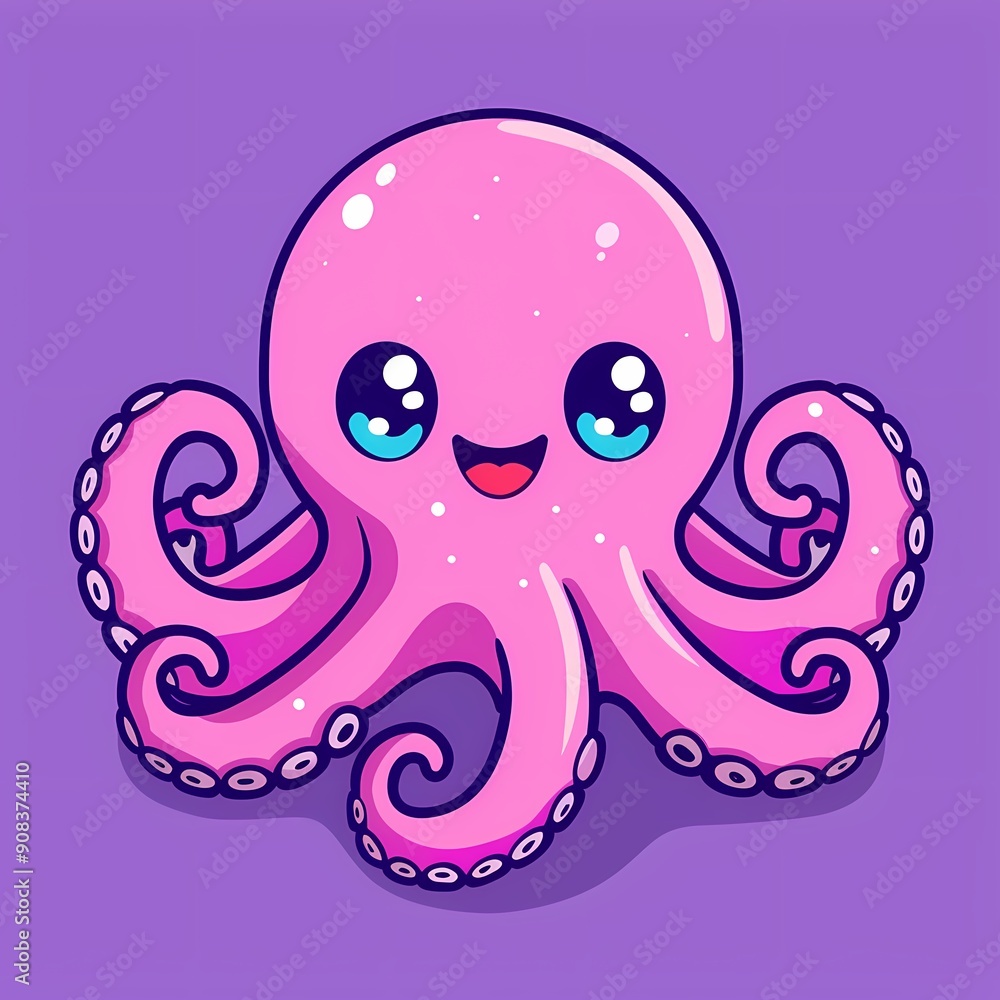 Fototapeta premium Cute pink cartoon octopus with big eyes on a purple background.
