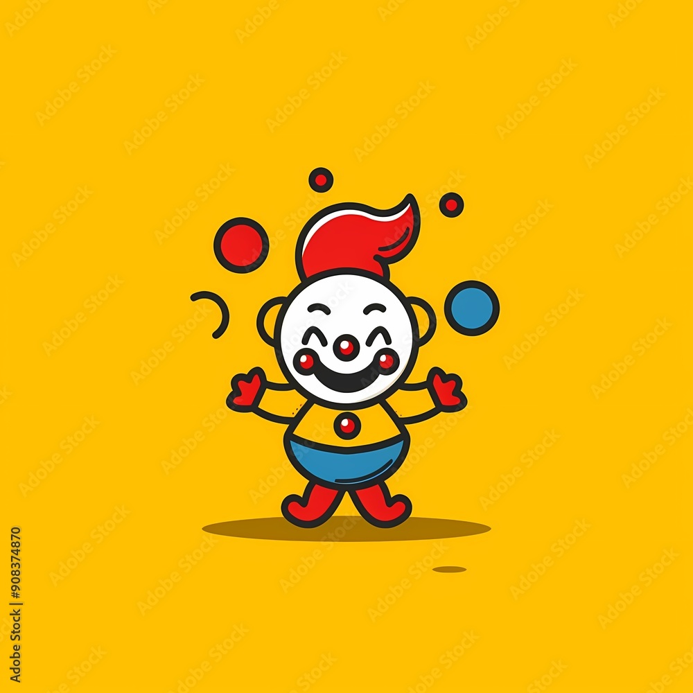 A joyful cartoon clown juggling colorful balls against a bright yellow background. A joyful cartoon clown juggling colorful balls against a bright yellow background.