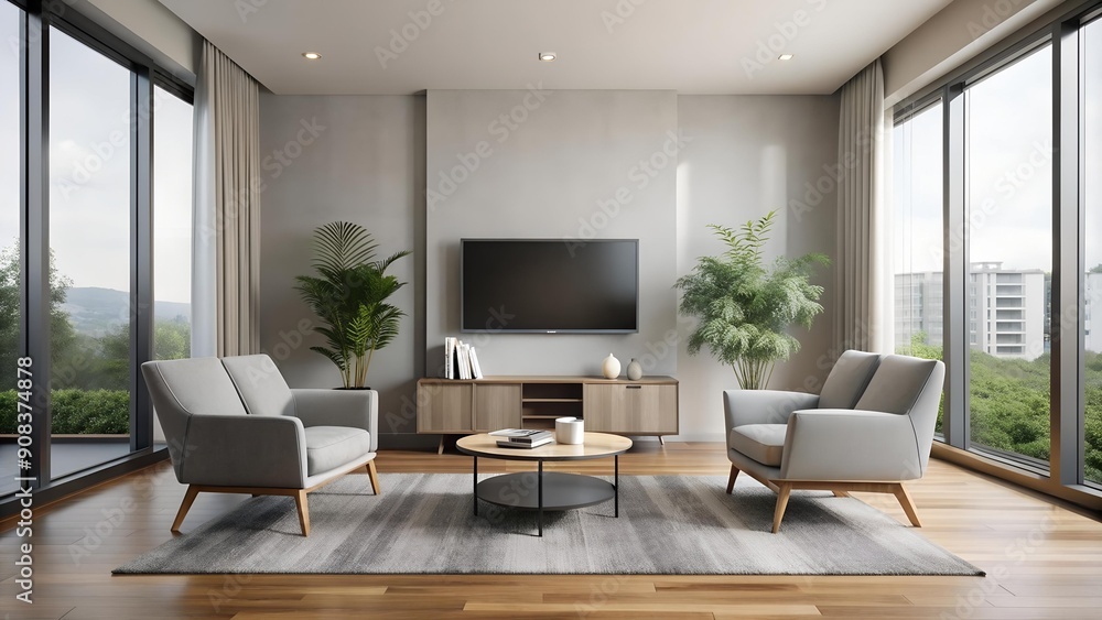 Minimalist Living Room with Grey Tones and a Large Window AI generated Minimalist Living Room with Grey Tones and a Large Window AI generated