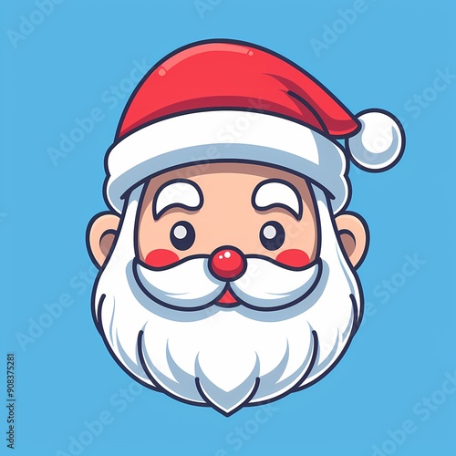 Cartoon Santa Claus face with a cheerful expression against a blue background.