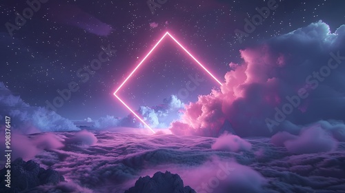 Neon Mirage in the Night Sky, A surreal composition with a 3D neon rhombus floating above a stormy landscape photo