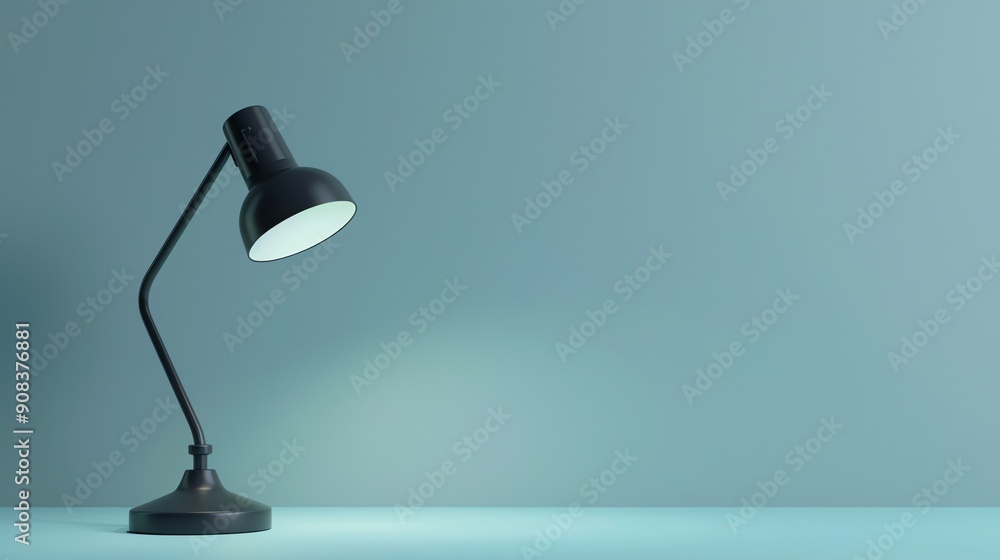 A black desk lamp on a blue surface with a blue wall in the background. A black desk lamp on a blue surface with a blue wall in the background.