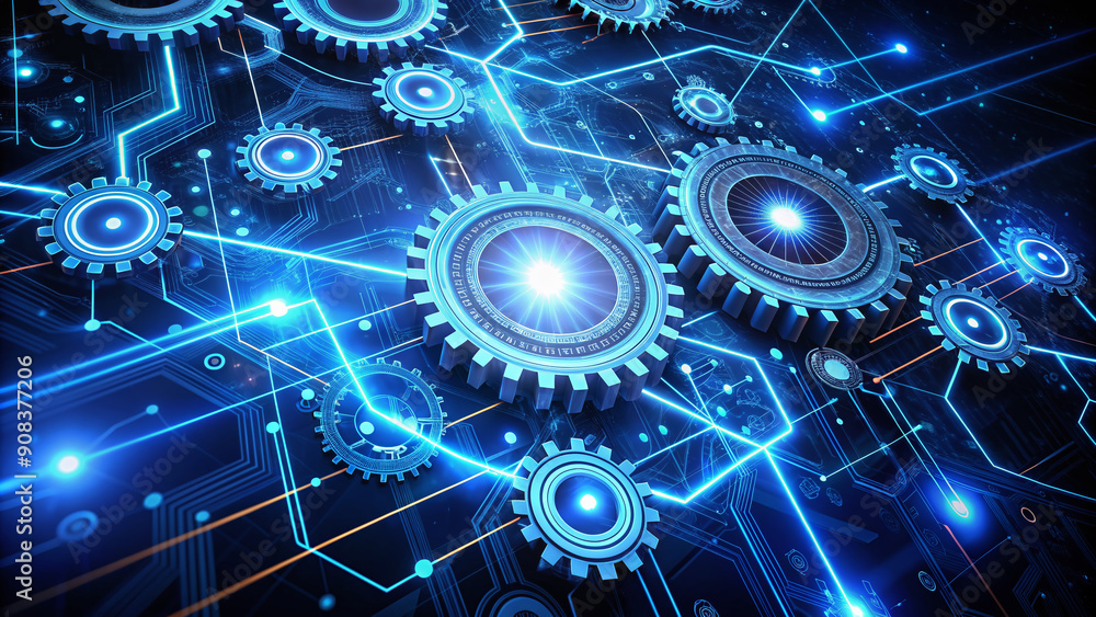 A futuristic diagram of interconnected gears and circuits suspended in mid-air, surrounded by glowing blue lines and dots, representing innovative strategic planning. A futuristic diagram of interconnected gears and circuits suspended in mid-air, surrounded by glowing blue lines and dots, representing innovative strategic planning.