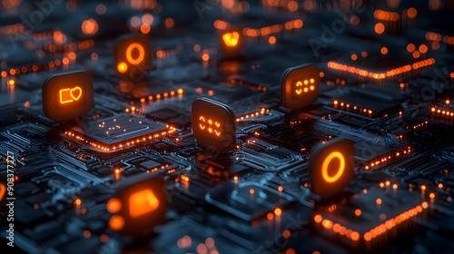 Closeup view of a glowing futuristic circuit motherboard with a complex interconnected network of technological patterns microchips and electronic components